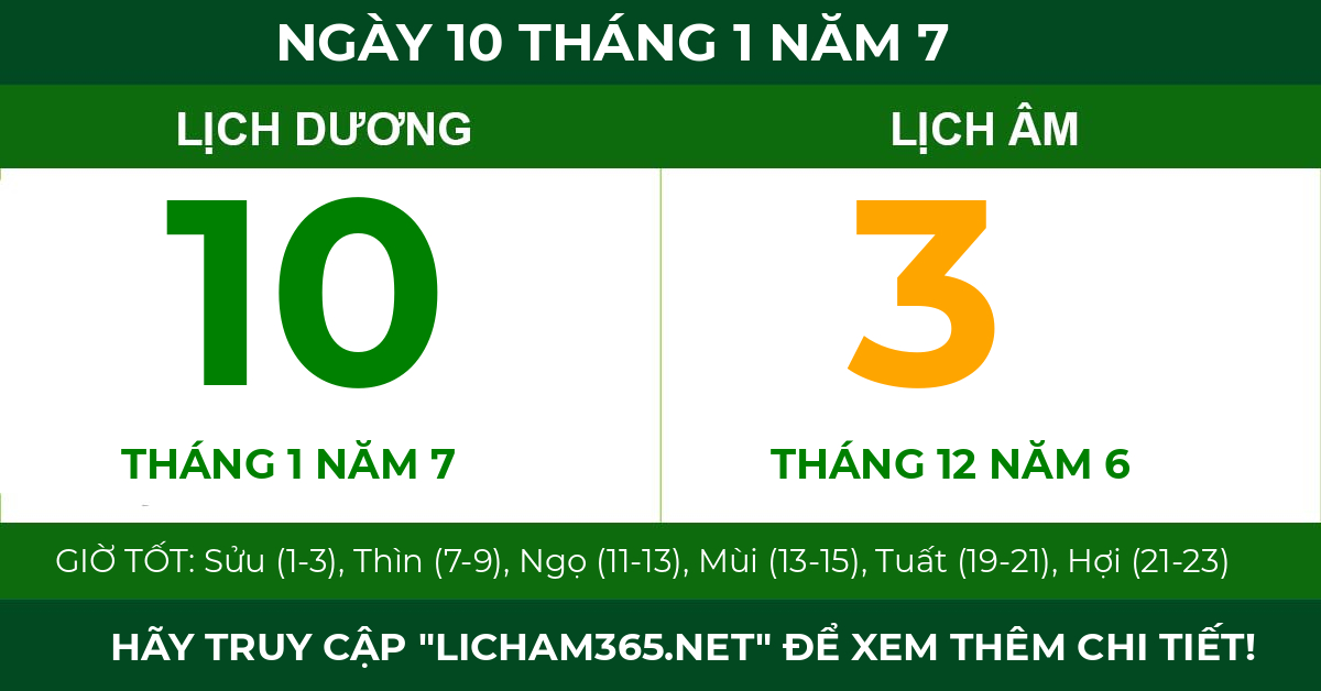 lịch âm ngày 10 tháng 1 năm 7