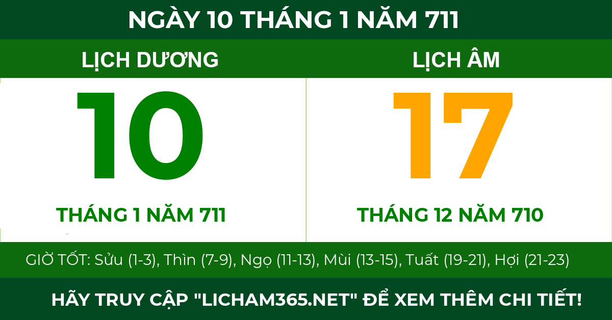 lịch âm ngày 10 tháng 1 năm 711