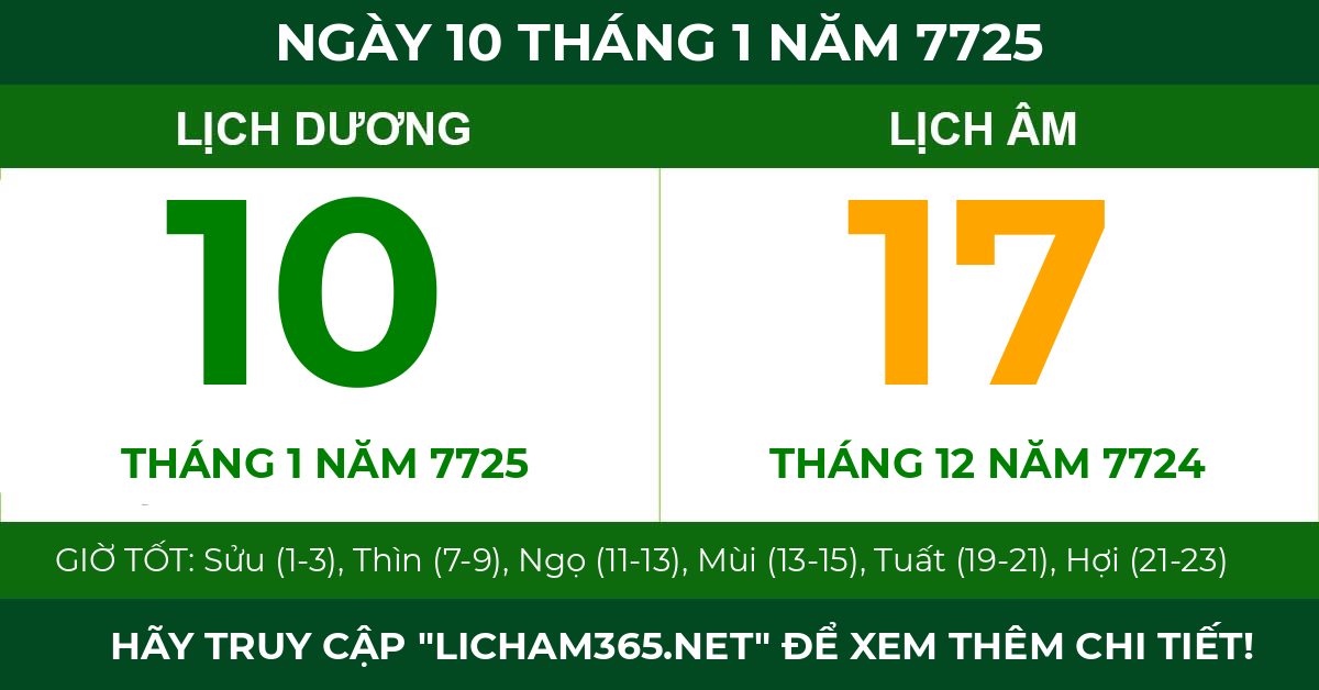 lịch âm ngày 10 tháng 1 năm 7725