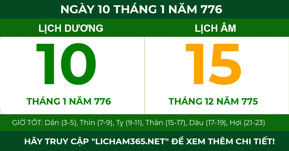lịch âm ngày 10 tháng 1 năm 776