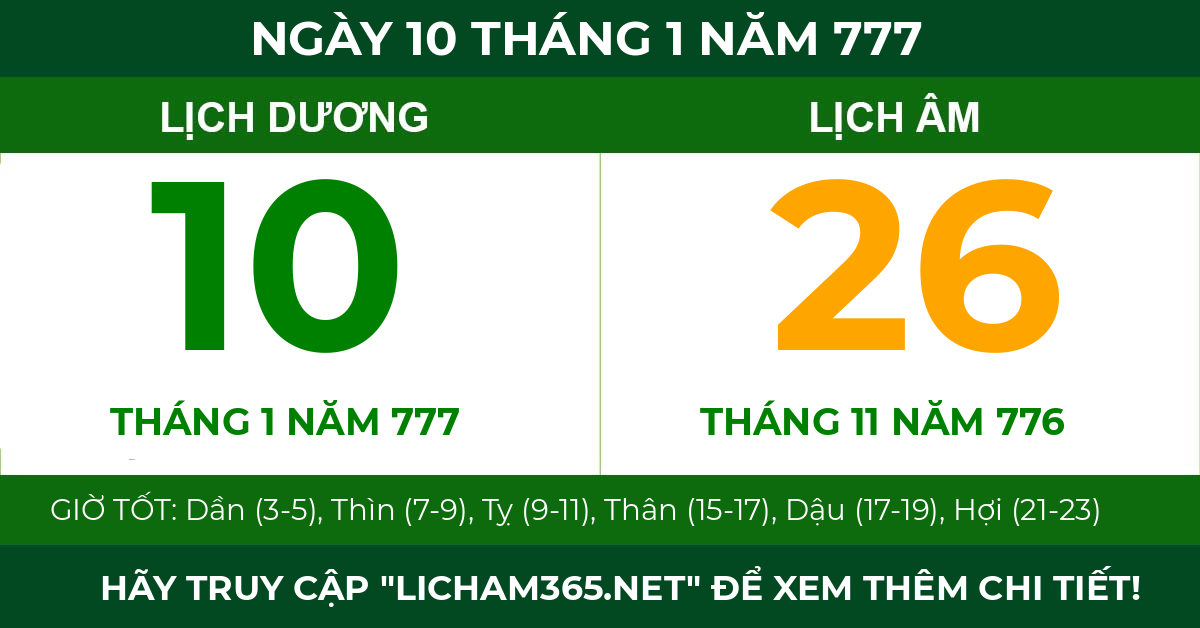 lịch âm ngày 10 tháng 1 năm 777