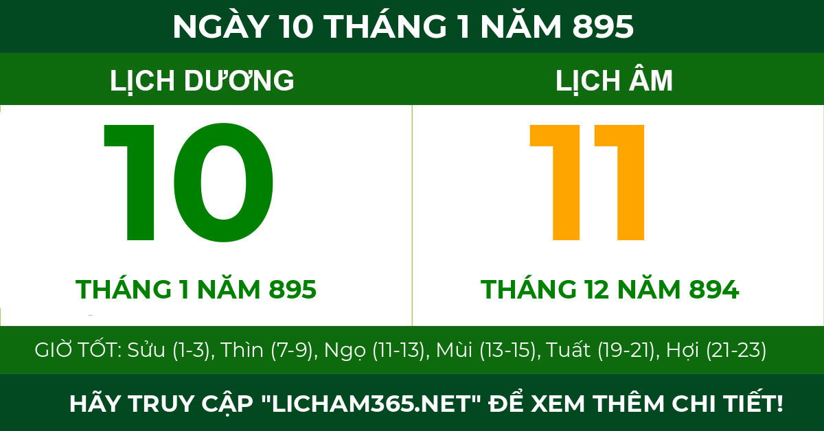 lịch âm ngày 10 tháng 1 năm 895
