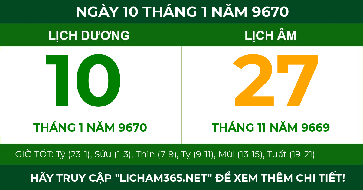 lịch âm ngày 10 tháng 1 năm 9670