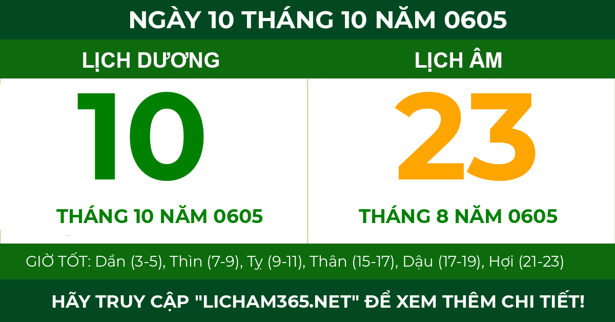 lịch âm ngày 10 tháng 10 năm 0605