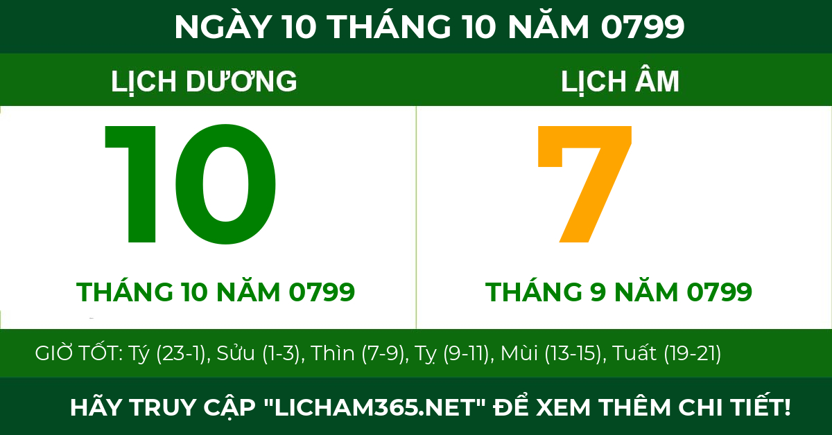 lịch âm ngày 10 tháng 10 năm 0799