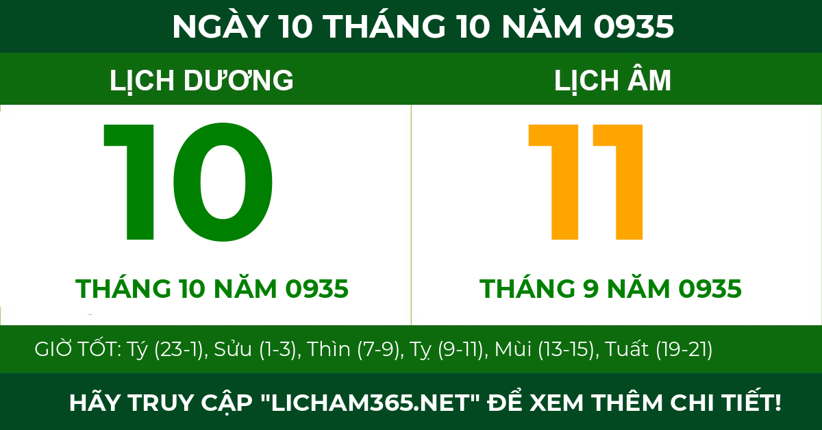 lịch âm ngày 10 tháng 10 năm 0935