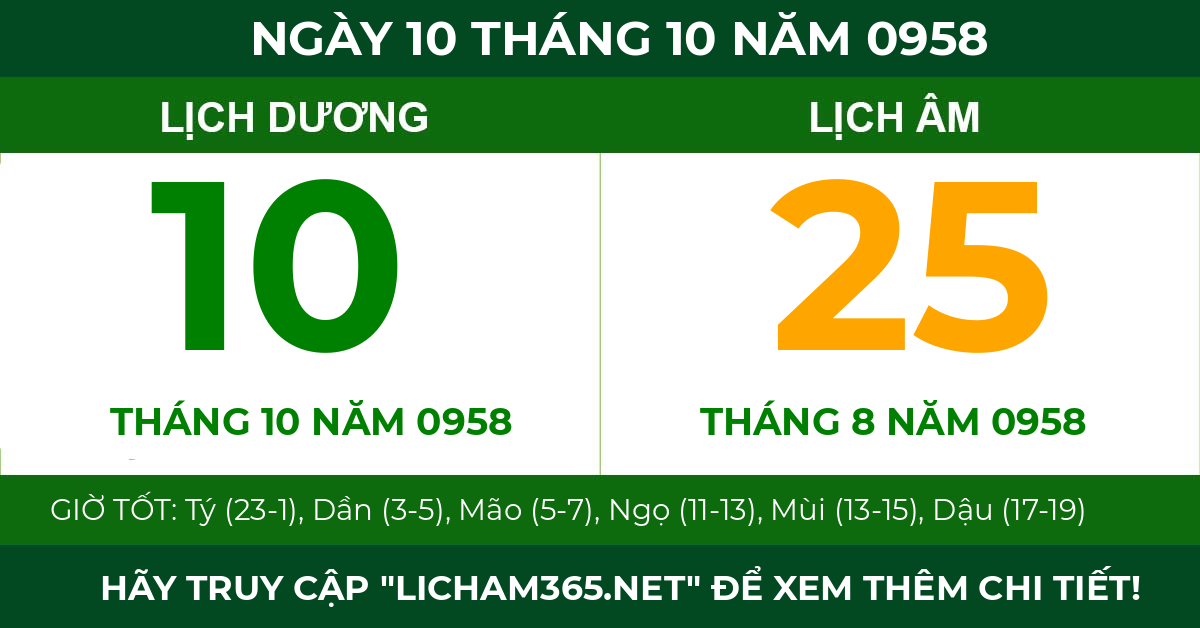 lịch âm ngày 10 tháng 10 năm 0958