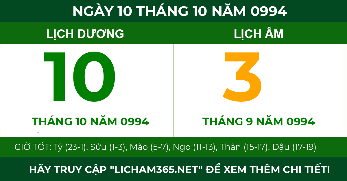 lịch âm ngày 10 tháng 10 năm 0994