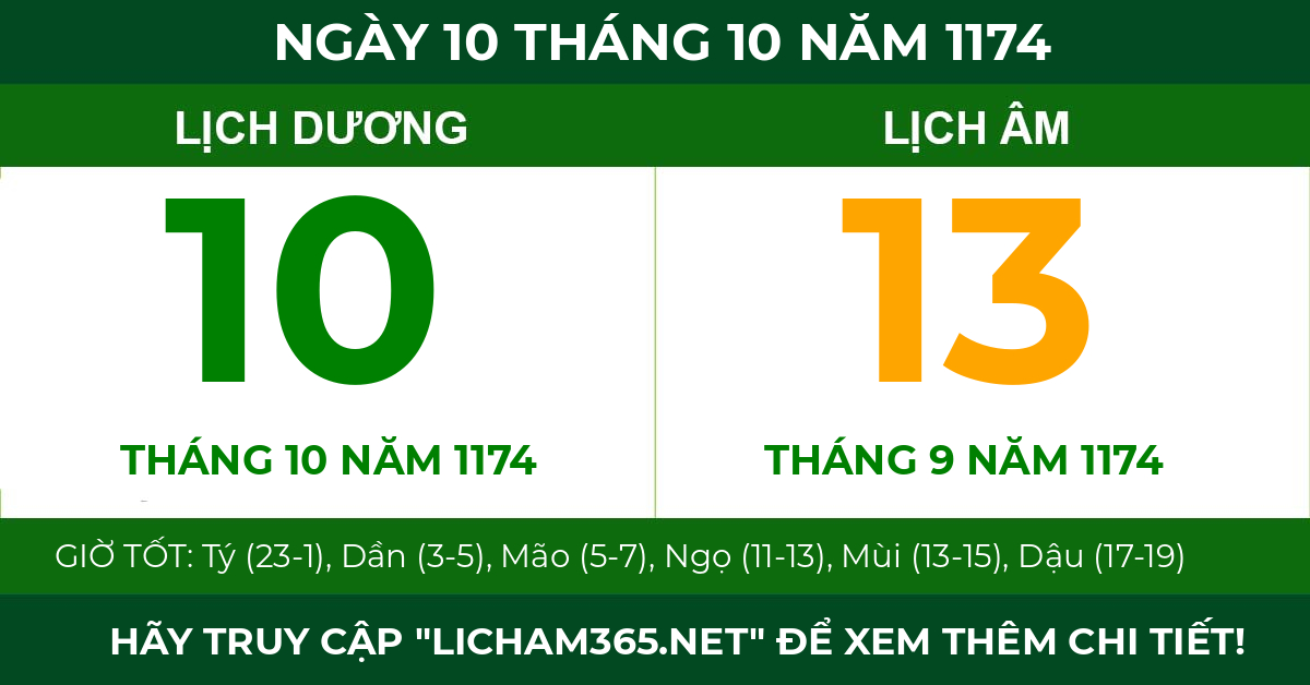 lịch âm ngày 10 tháng 10 năm 1174