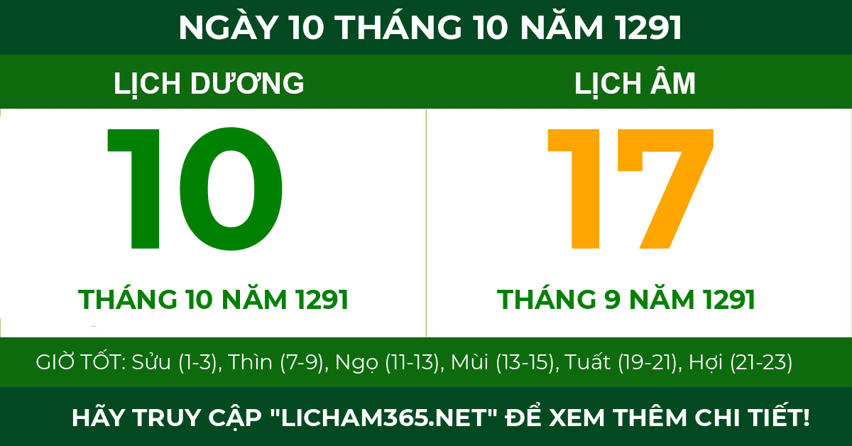 lịch âm ngày 10 tháng 10 năm 1291