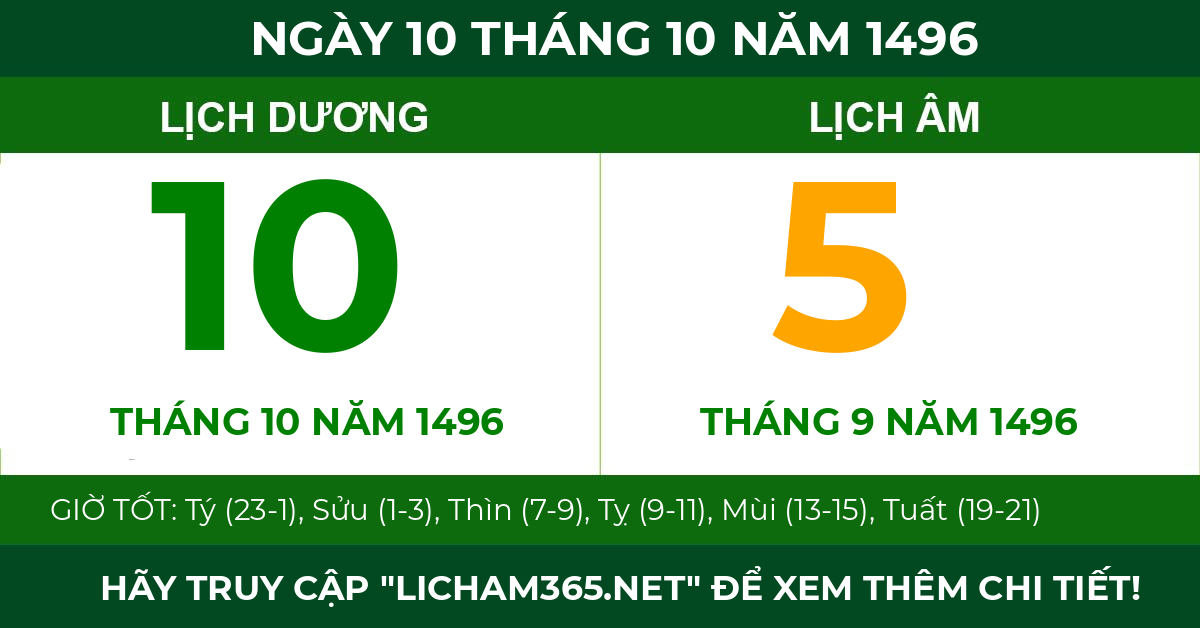 lịch âm ngày 10 tháng 10 năm 1496