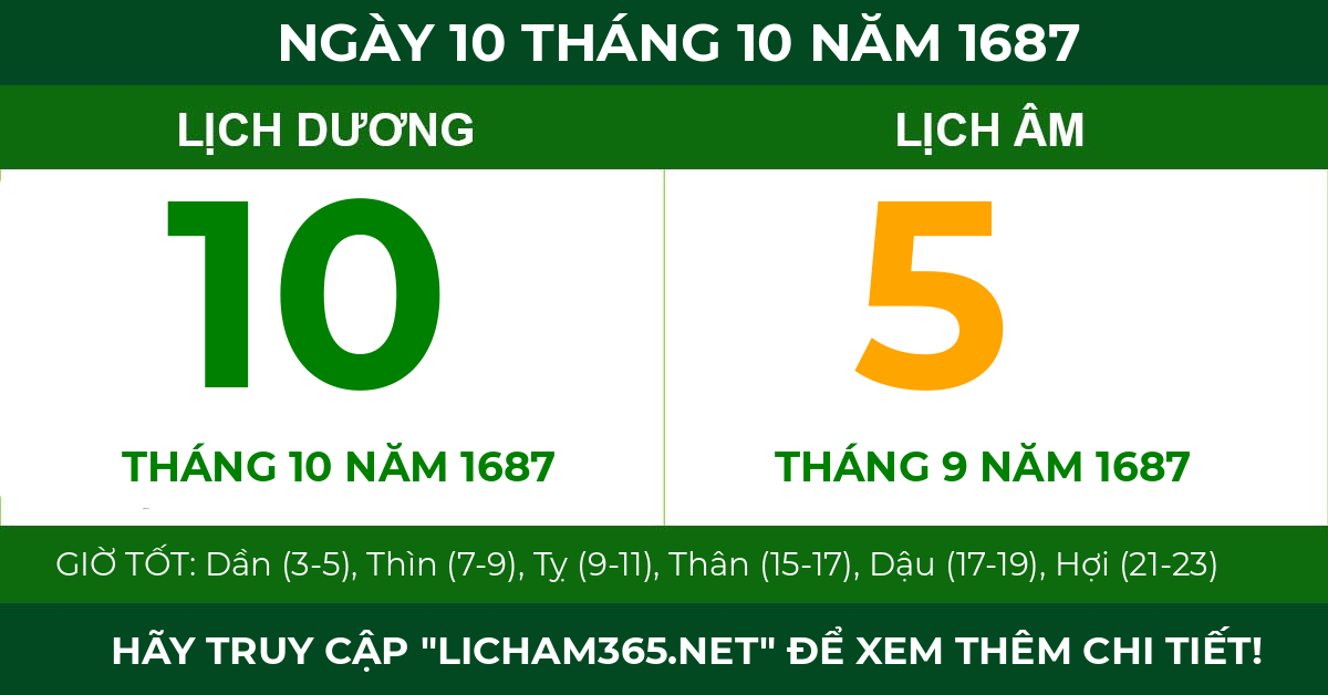 lịch âm ngày 10 tháng 10 năm 1687
