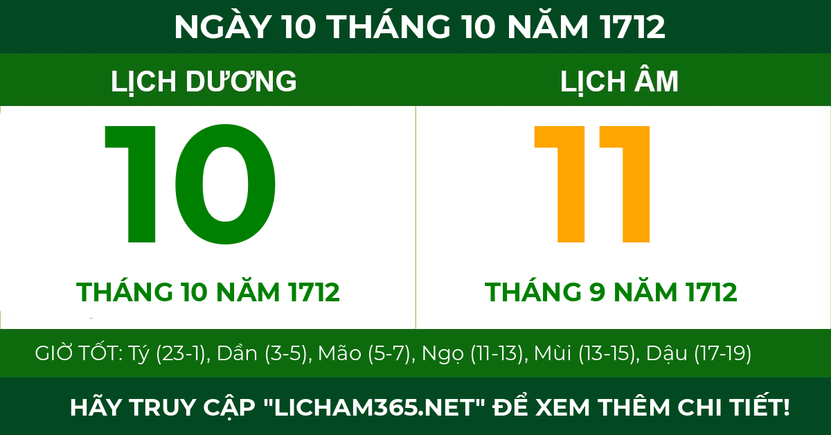lịch âm ngày 10 tháng 10 năm 1712