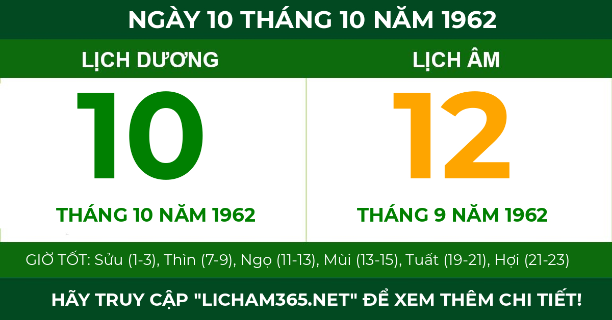 lịch âm ngày 10 tháng 10 năm 1962