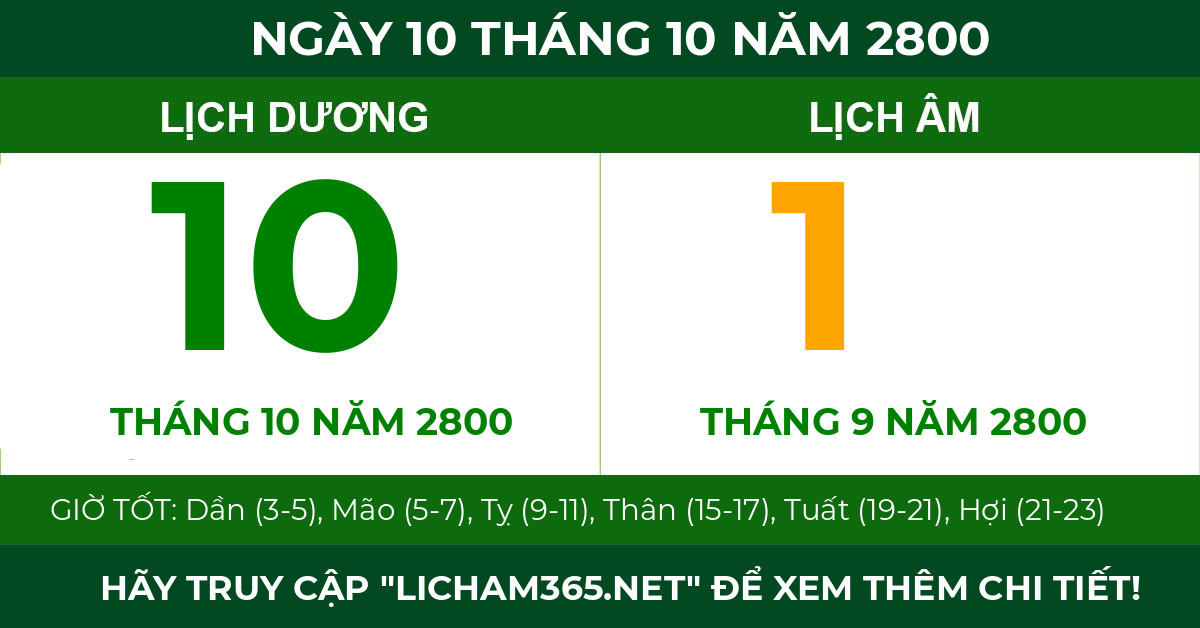 lịch âm ngày 10 tháng 10 năm 2800