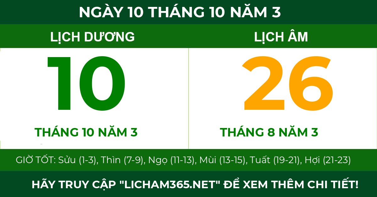 lịch âm ngày 10 tháng 10 năm 3
