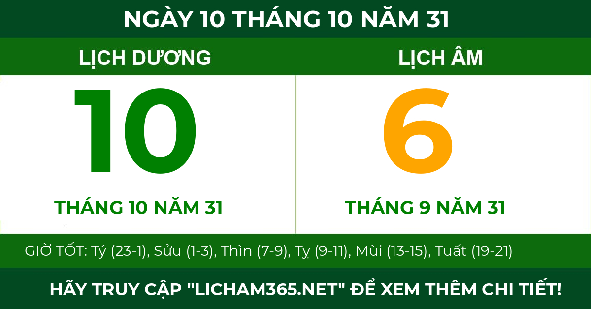 lịch âm ngày 10 tháng 10 năm 31