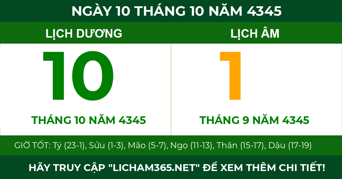 lịch âm ngày 10 tháng 10 năm 4345