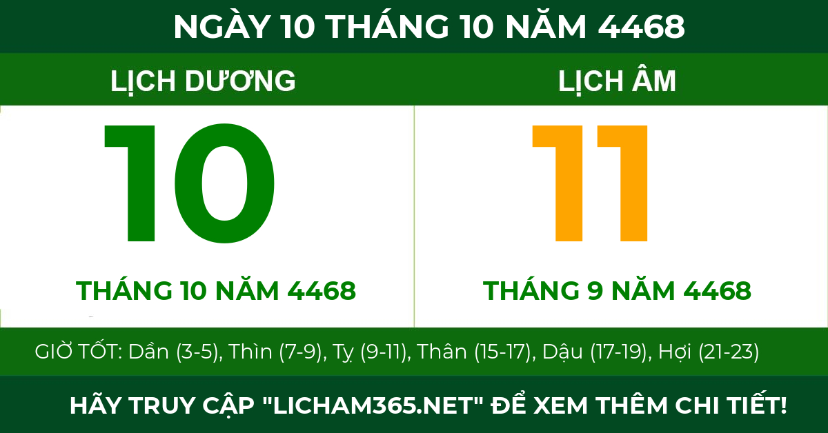 lịch âm ngày 10 tháng 10 năm 4468