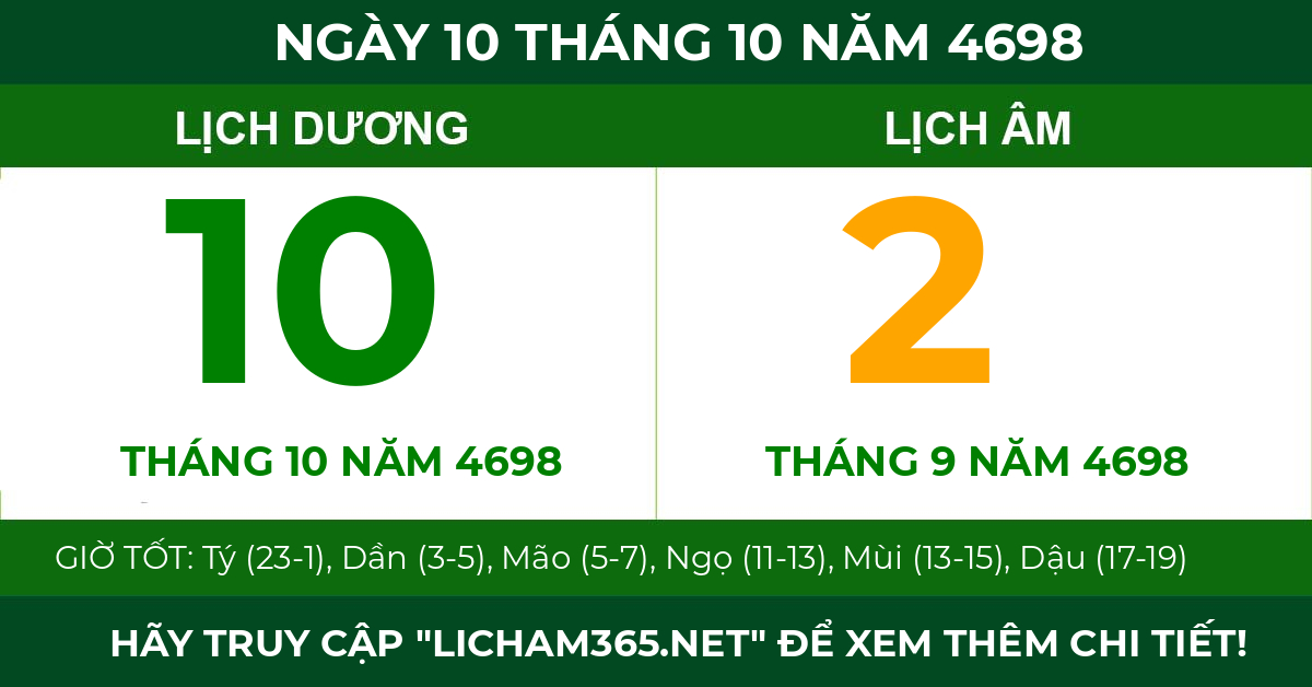 lịch âm ngày 10 tháng 10 năm 4698