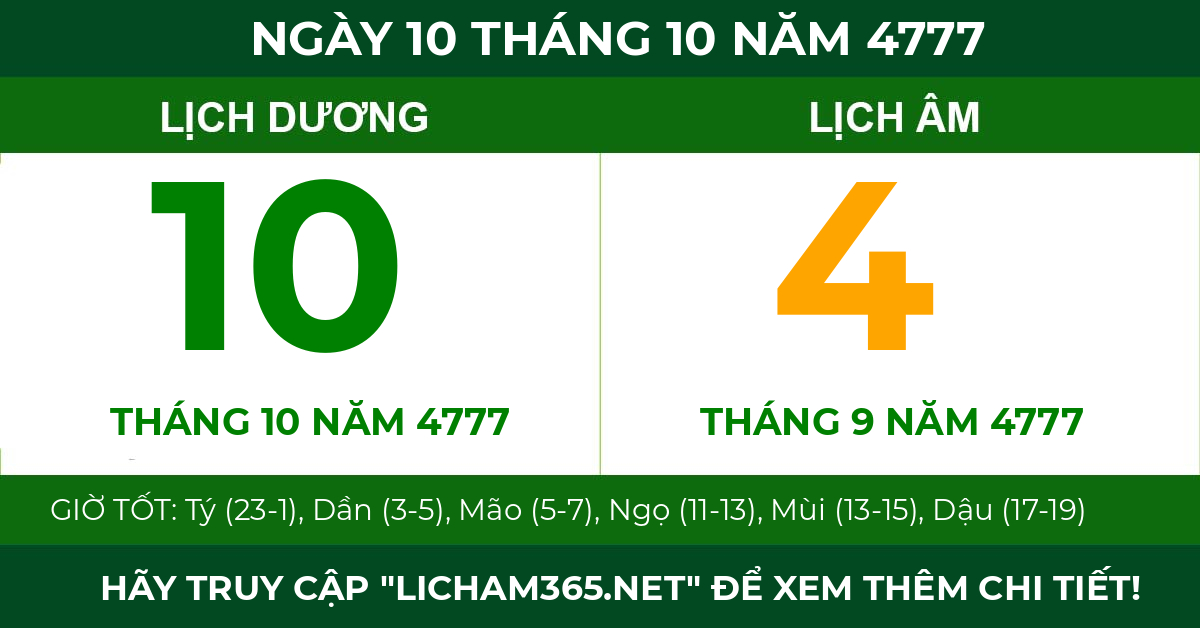 lịch âm ngày 10 tháng 10 năm 4777