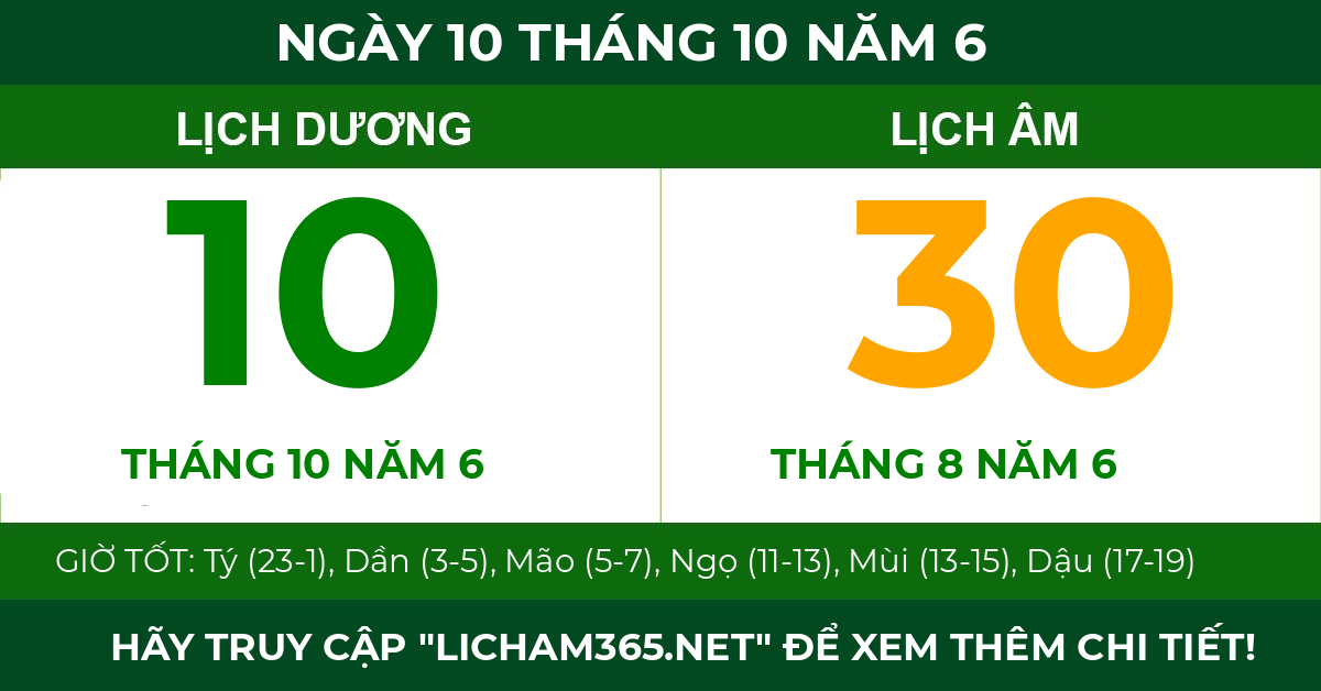 lịch âm ngày 10 tháng 10 năm 6