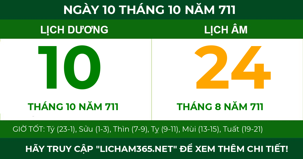 lịch âm ngày 10 tháng 10 năm 711