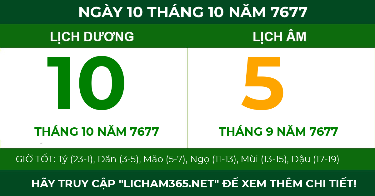 lịch âm ngày 10 tháng 10 năm 7677