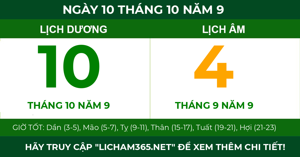 lịch âm ngày 10 tháng 10 năm 9