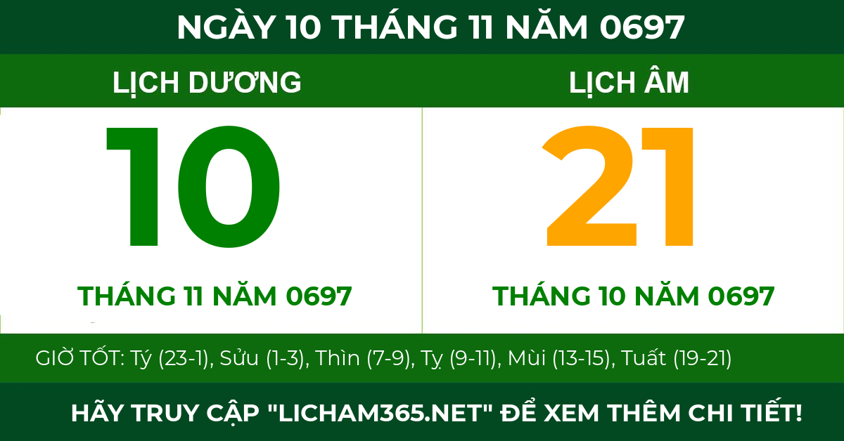 lịch âm ngày 10 tháng 11 năm 0697