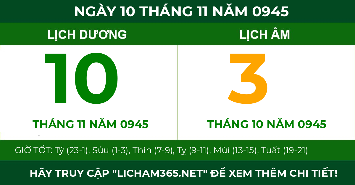 lịch âm ngày 10 tháng 11 năm 0945