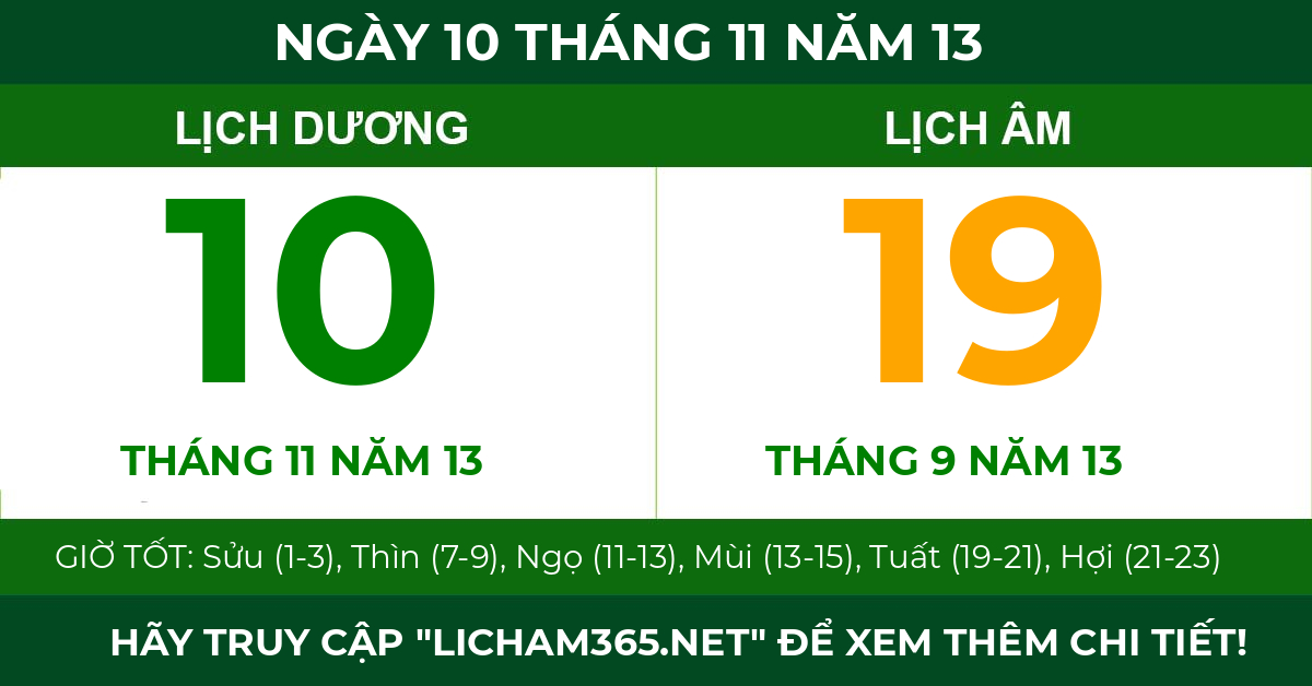 lịch âm ngày 10 tháng 11 năm 13