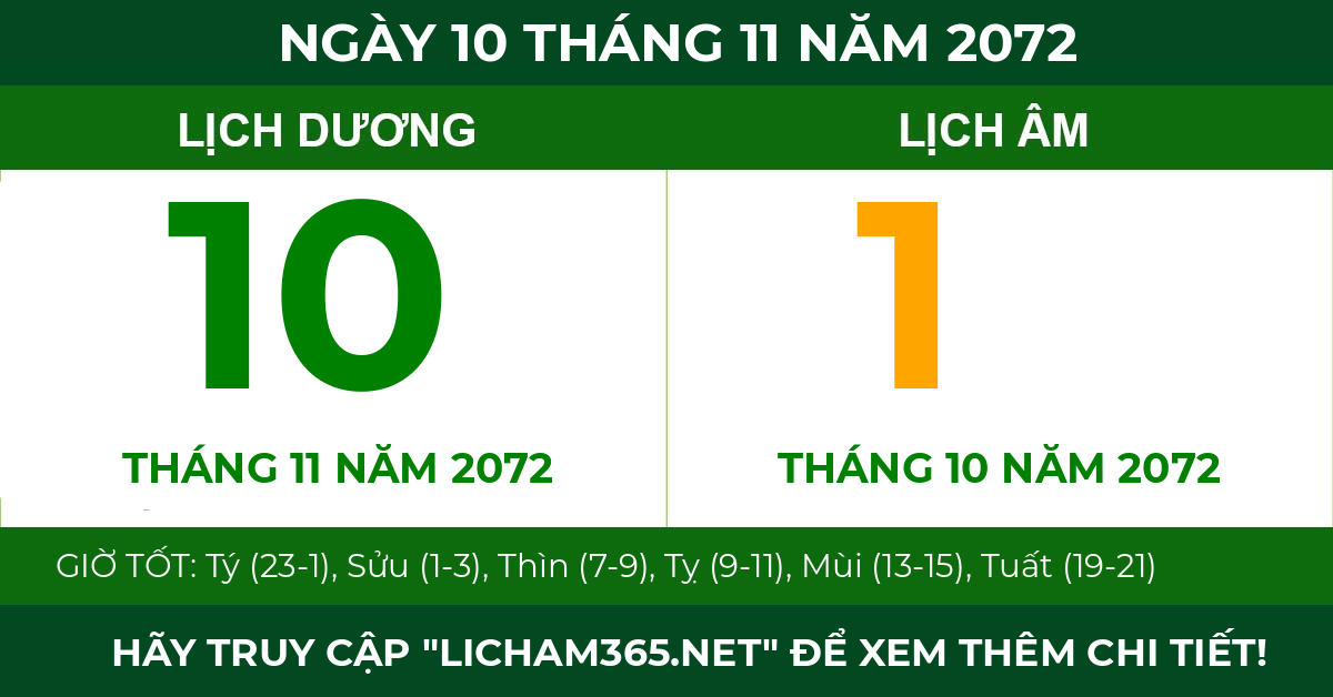 lịch âm ngày 10 tháng 11 năm 2072