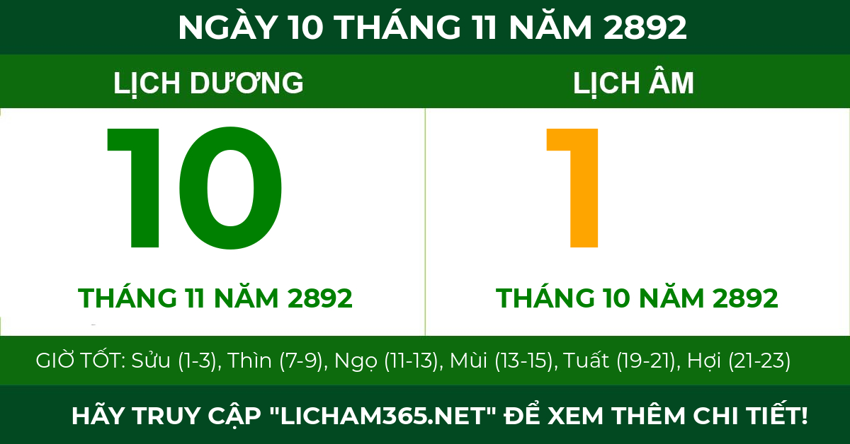 lịch âm ngày 10 tháng 11 năm 2892