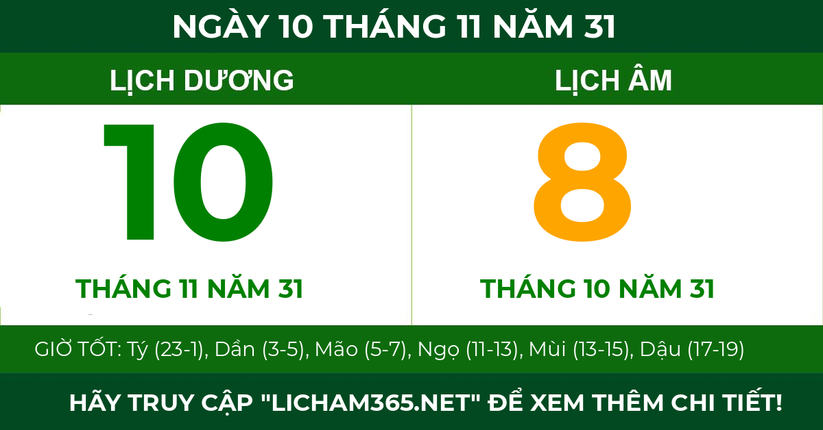 lịch âm ngày 10 tháng 11 năm 31