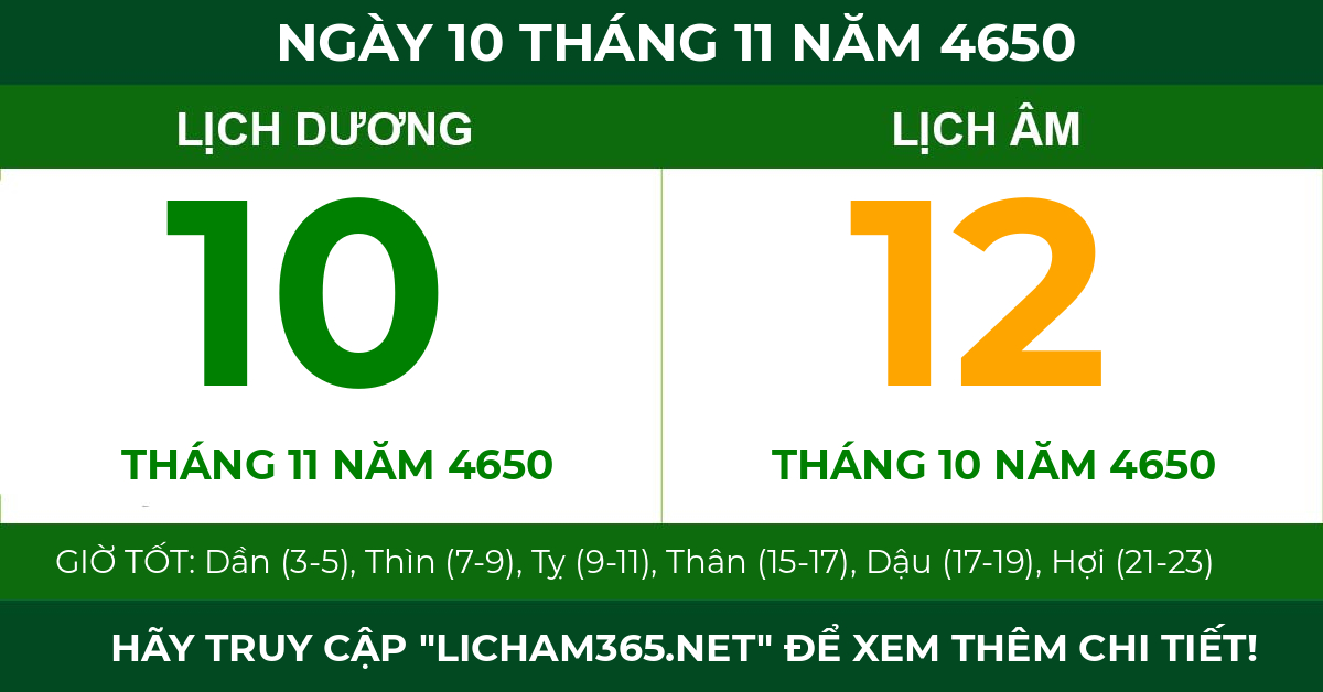 lịch âm ngày 10 tháng 11 năm 4650