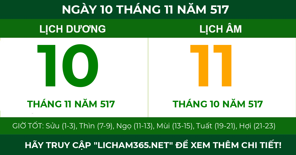 lịch âm ngày 10 tháng 11 năm 517