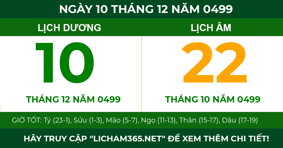 lịch âm ngày 10 tháng 12 năm 0499