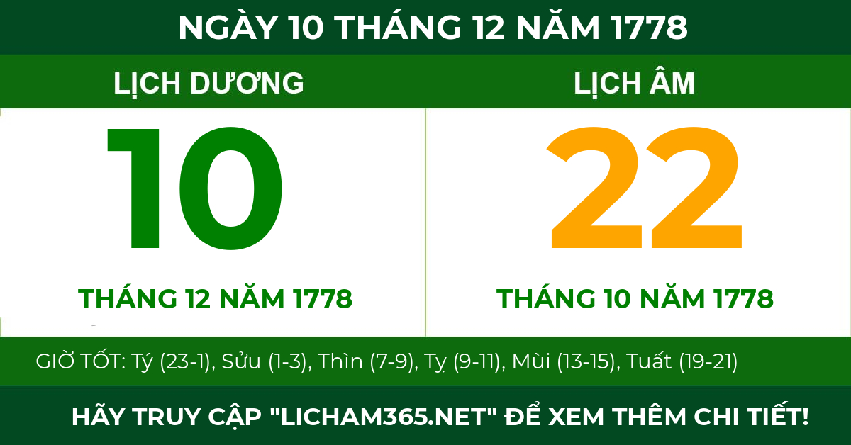 lịch âm ngày 10 tháng 12 năm 1778