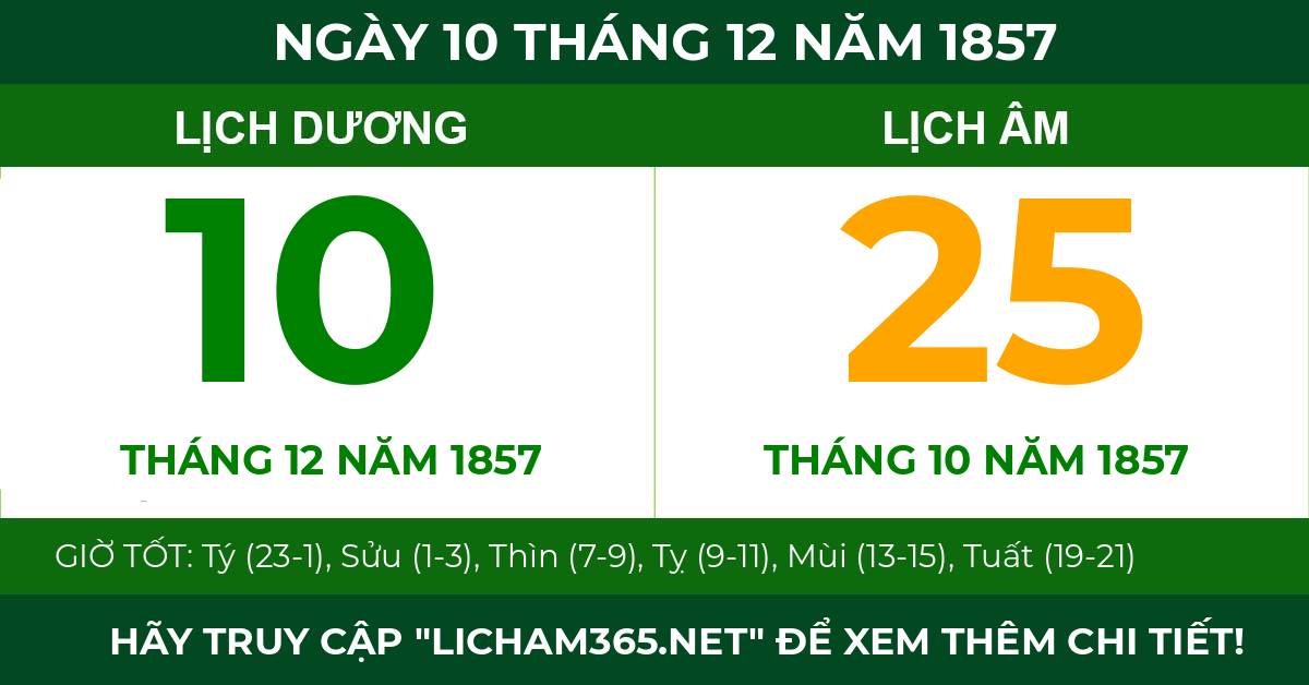 lịch âm ngày 10 tháng 12 năm 1857