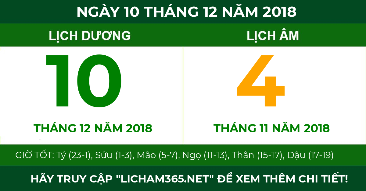 lịch âm ngày 10 tháng 12 năm 2018