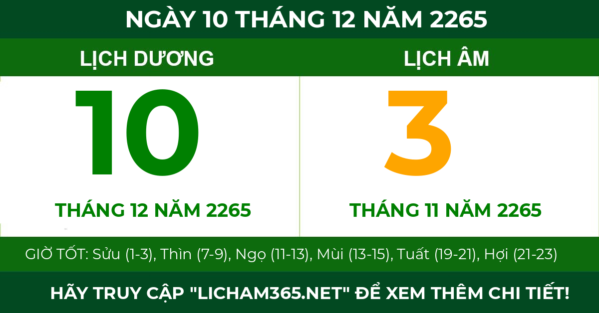 lịch âm ngày 10 tháng 12 năm 2265