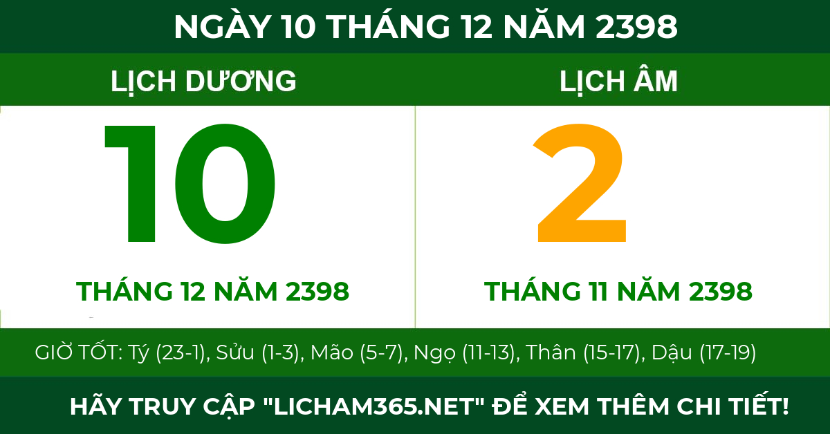 lịch âm ngày 10 tháng 12 năm 2398