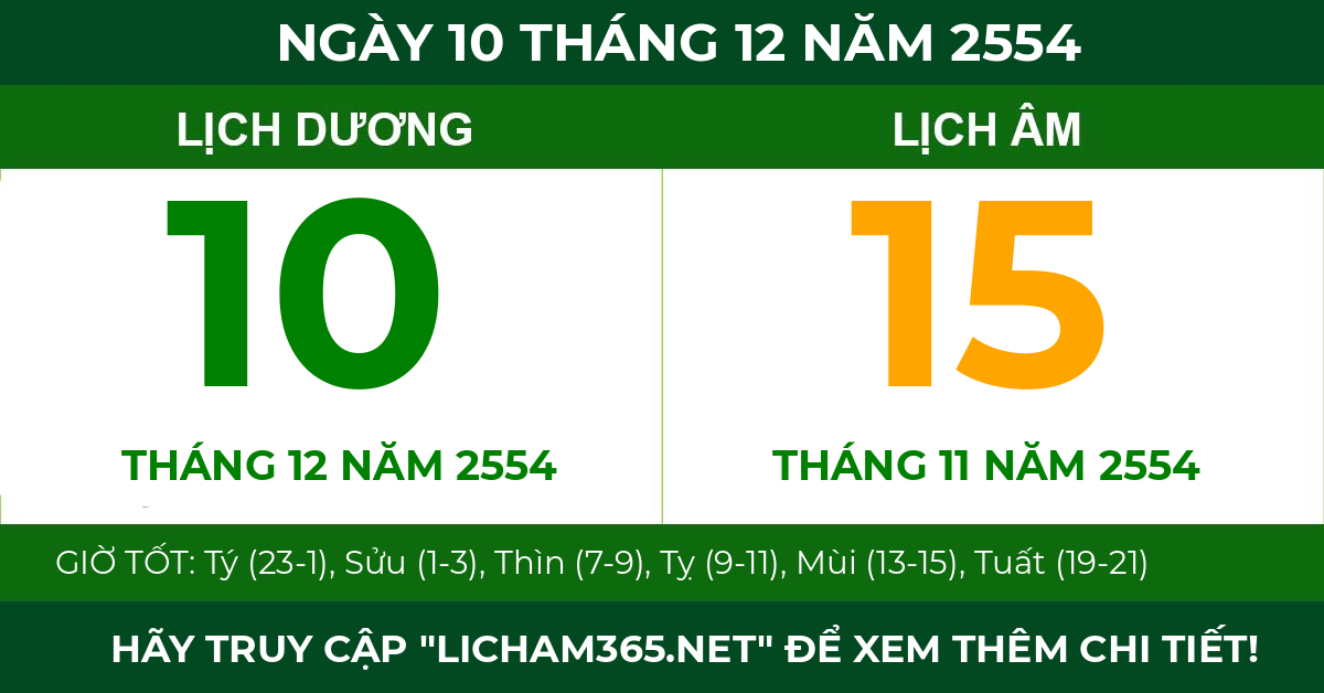 lịch âm ngày 10 tháng 12 năm 2554