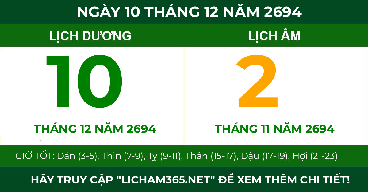 lịch âm ngày 10 tháng 12 năm 2694