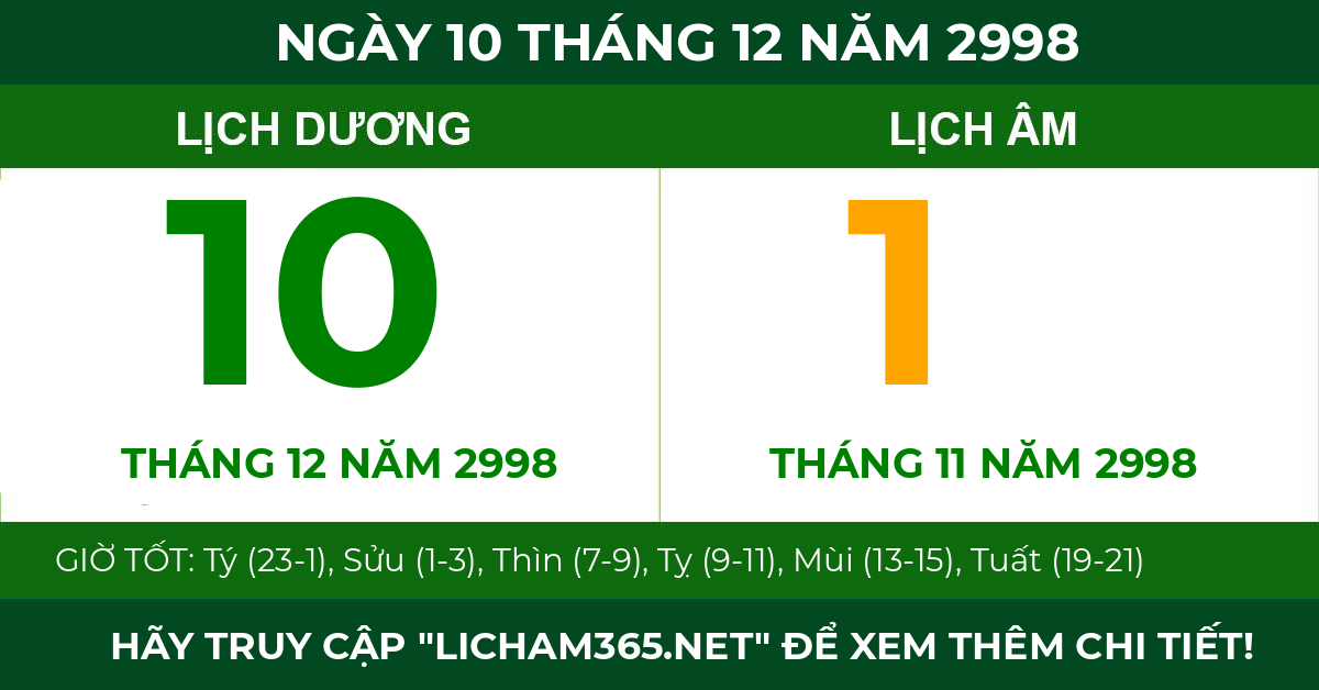 lịch âm ngày 10 tháng 12 năm 2998