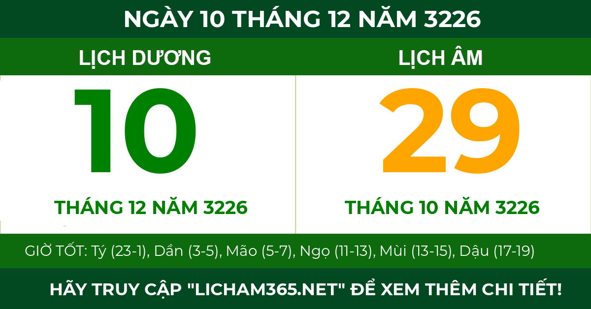 lịch âm ngày 10 tháng 12 năm 3226