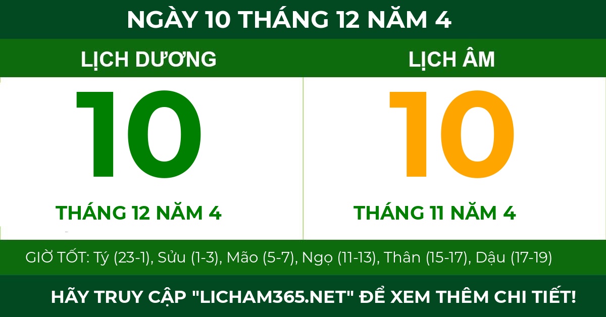 lịch âm ngày 10 tháng 12 năm 4