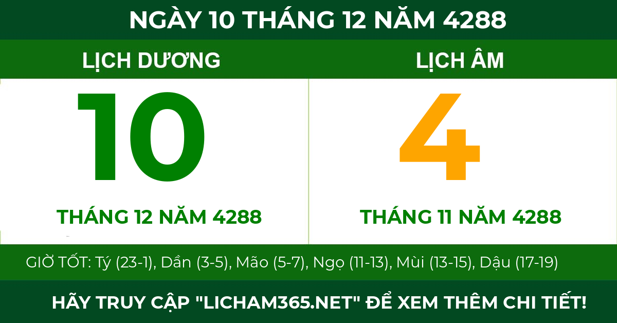 lịch âm ngày 10 tháng 12 năm 4288