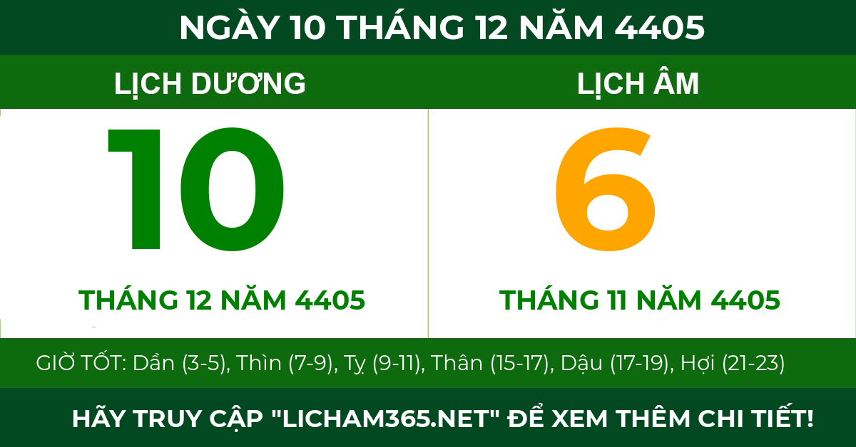 lịch âm ngày 10 tháng 12 năm 4405